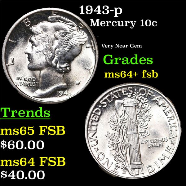 1943-d Mercury Dime 10c Grades Choice Unc+ FSB