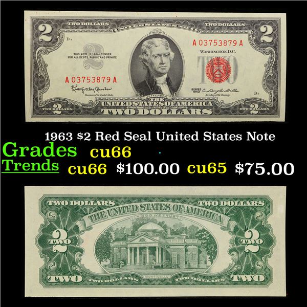 1963 $2 Red Seal United States Note Grades Gem+ CU