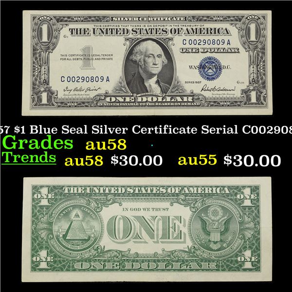 1957 $1 Blue Seal Silver Certificate Serial C00290809A Grades Choice AU/BU Slider