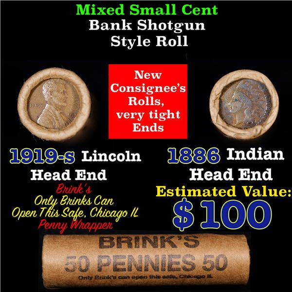 Mixed small cents 1c orig shotgun roll, 1919-S Wheat Cent, 1886 Indian Cent other end, Brinks Wrappe