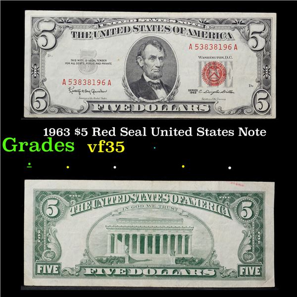 1963 $5 Red Seal United States Note Grades vf++