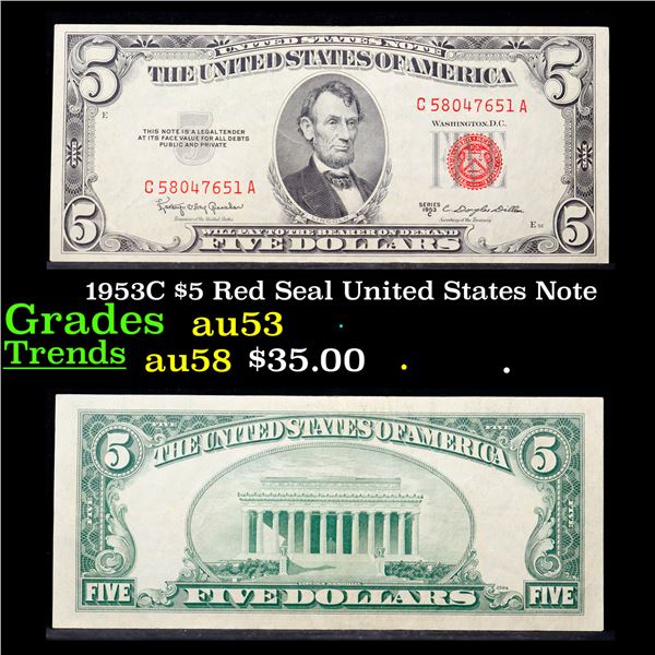 1953C $5 Red Seal United States Note Grades Select AU