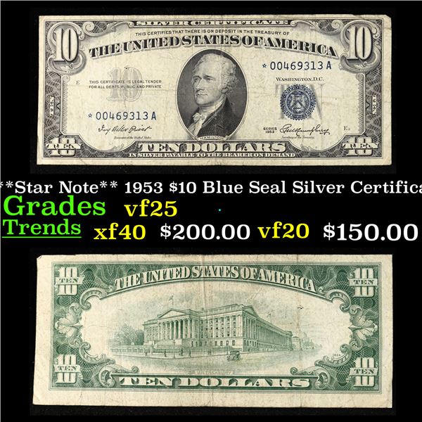 **Star Note** 1953 $10 Blue Seal Silver Certificate Grades vf+