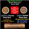 Image 1 : Mixed small cents 1c orig shotgun roll, 1919-S Wheat Cent, 1890 Indian Cent other end, Brinks Wrappe