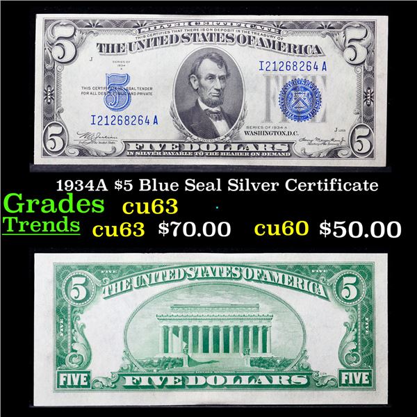 1934A $5 Blue Seal Silver Certificate Grades Select CU