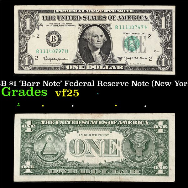 1963B $1 'Barr Note' Federal Reserve Note (New York, NY) Grades vf+