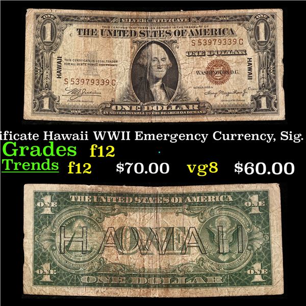 1935A $1 Silver Certificate Hawaii WWII Emergency Currency, Sig. Julian & Morgenthau Grades f, fine