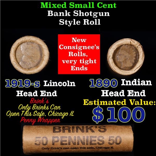 Mixed small cents 1c orig shotgun roll, 1919-S Wheat Cent, 1890 Indian Cent other end, Brinks Wrappe