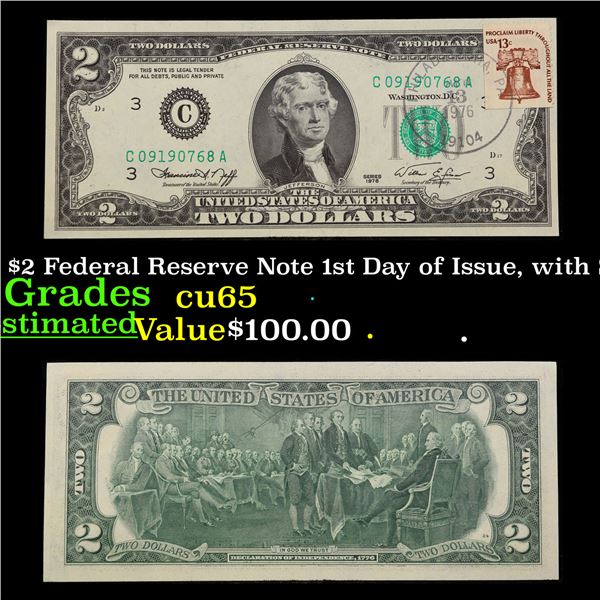 1976 $2 Federal Reserve Note 1st Day of Issue, with Stamp Grades Gem CU