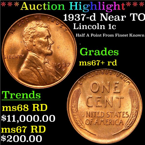 ***Auction Highlight*** 1937-d Lincoln Cent Near TOP POP! 1c Graded ms67+ rd By SEGS (fc)