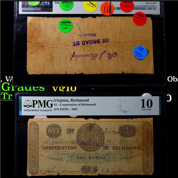 1861 Richmond, VA Corporation of Richmond $1 Bank Note Obsollete, Currency Graded vg10 By PMG