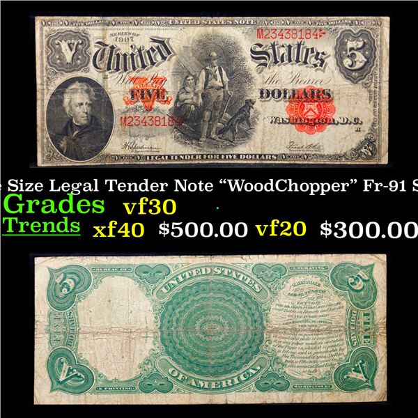 1907 $5 Large Size Legal Tender Note "WoodChopper" Fr-91 Speelman-White Grades vf++