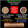 Image 1 : Mixed small cents 1c orig shotgun roll, 1919-S Wheat Cent, 1889 Indian Cent other end, Brinks Wrappe