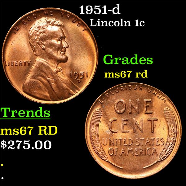 1951-d Lincoln Cent 1c Grades GEM++ Unc RD