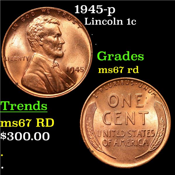 1945-p Lincoln Cent 1c Grades GEM++ Unc RD