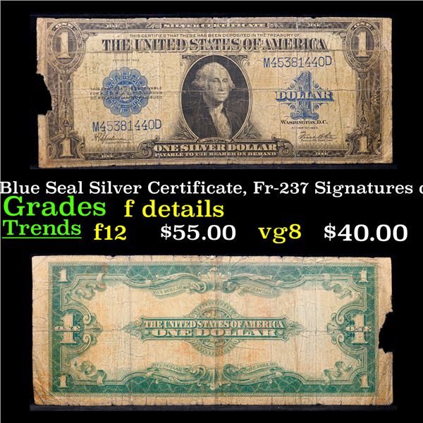 1923 $1 Large Size Blue Seal Silver Certificate, Fr-237 Signatures of Speelman & White Grades f deta