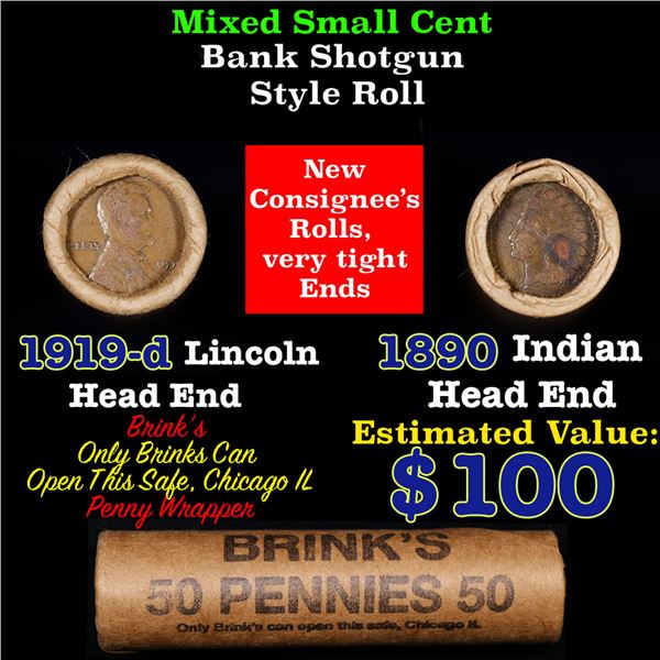 Mixed small cents 1c orig shotgun roll, 1919-D Wheat Cent, 1890 Indian Cent other end, Brinks Wrappe
