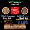 Image 1 : Mixed small cents 1c orig shotgun roll, 1919-D Wheat Cent, 1890 Indian Cent other end, Brinks Wrappe