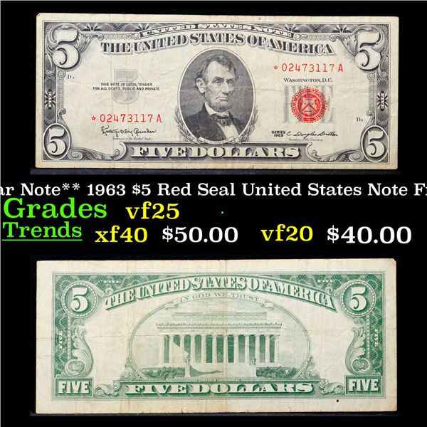 **Star Note** 1963 $5 Red Seal United States Note Fr-1536* Grades vf+