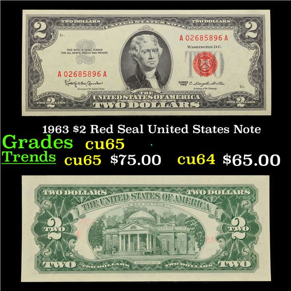 1963 $2 Red Seal United States Note Grades Gem CU