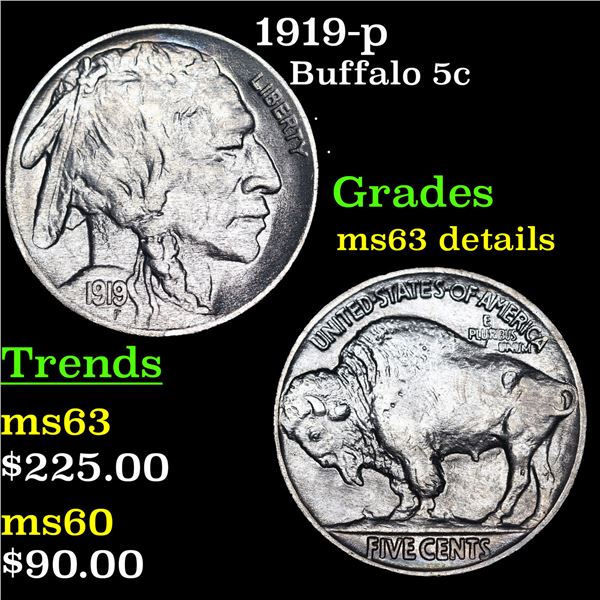 1919-p Buffalo Nickel 5c Grades Unc Details