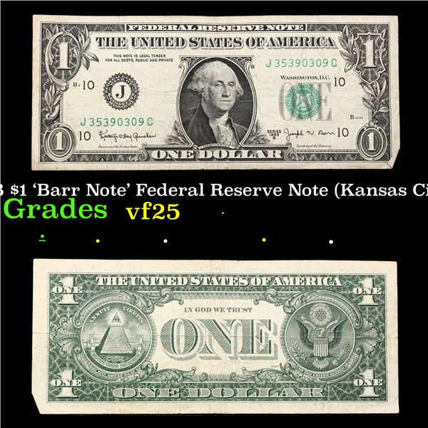 1963B $1 'Barr Note' Federal Reserve Note (Kansas City, MO) Grades vf+