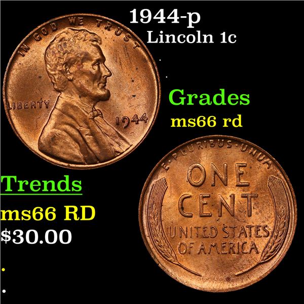 1944-p Lincoln Cent 1c Grades GEM+ Unc RD