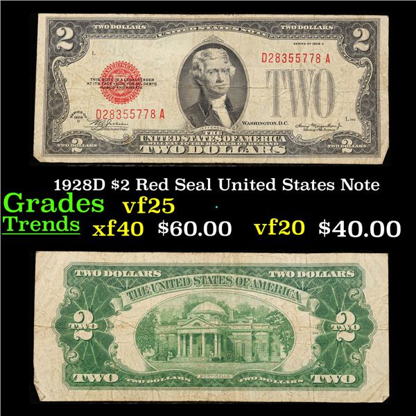1928D $2 Red Seal United States Note Grades vf+