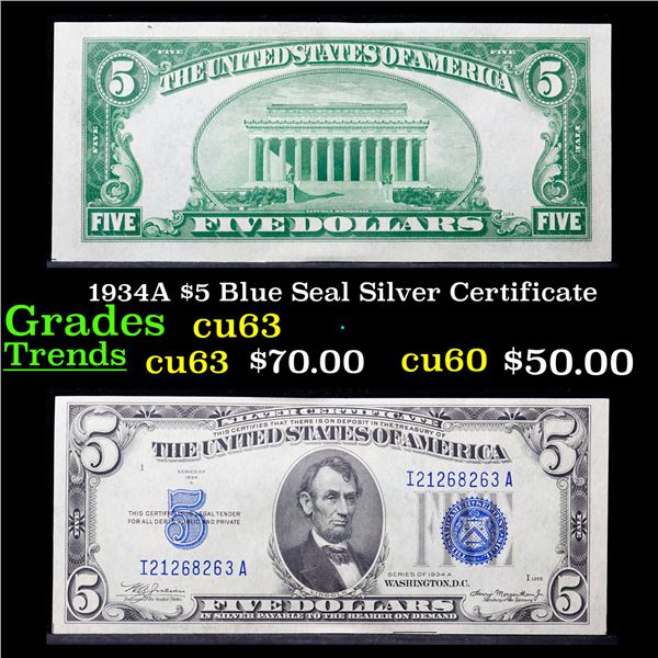1934A $5 Blue Seal Silver Certificate Grades Select CU