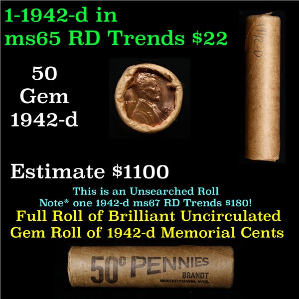 Shotgun Lincoln 1c roll, 1942-d 50 pcs Brandt Wrapper