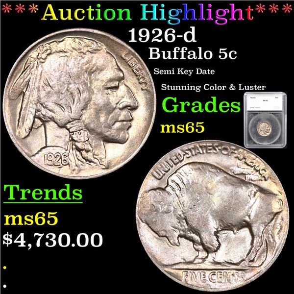***Auction Highlight*** 1926-d Buffalo Nickel 5c Graded ms65 By SEGS (fc)