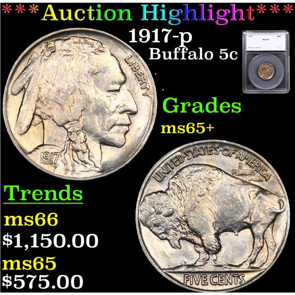 ***Auction Highlight*** 1917-p Buffalo Nickel 5c Graded ms65+ BY SEGS (fc)