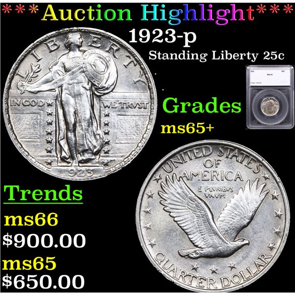 ***Auction Highlight*** 1923-p Standing Liberty Quarter 25c Graded ms65+ BY SEGS (fc)