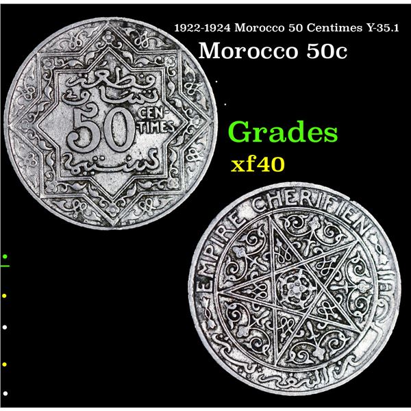 1922-1924 Morocco 50 Centimes Y-35.1 Grades xf