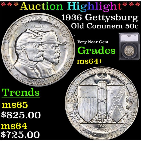 ***Auction Highlight*** 1936 Gettysburg Old Commem Half Dollar 50c Graded ms64+ BY SEGS (fc)