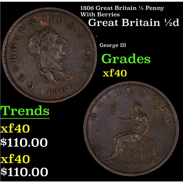 1806 Great Britain 1/2 Penny With Berries Grades xf