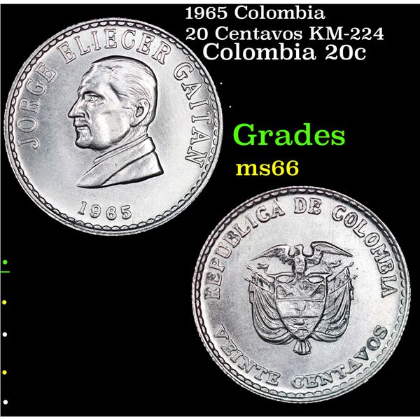 1965 Colombia 20 Centavos KM-224 Grades GEM+ Unc