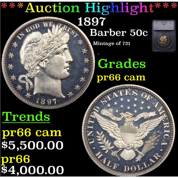 Proof ***Auction Highlight*** 1897 Barber Half Dollars 50c Graded pr66 cam BY SEGS (fc)