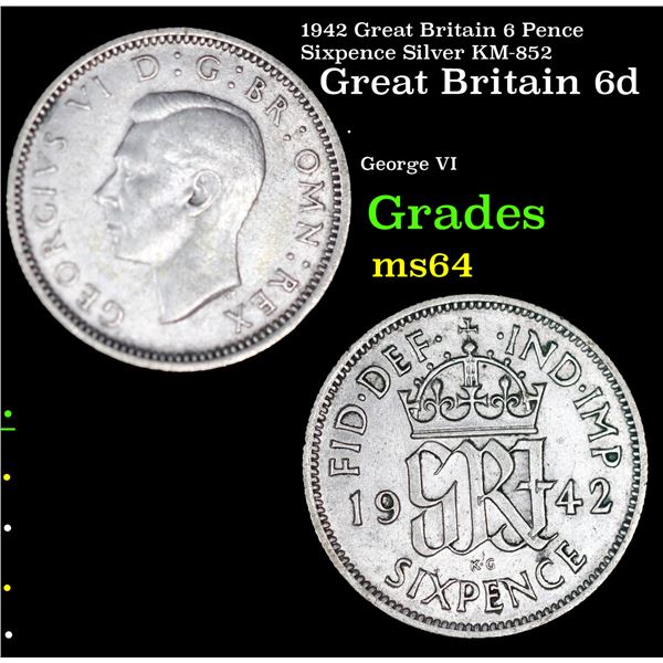 1942 Great Britain 6 Pence Sixpence Silver KM-852 Grades Choice Unc