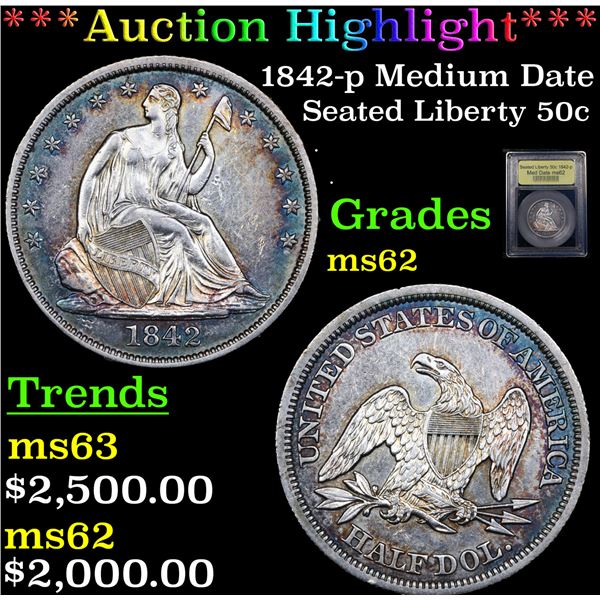 ***Auction Highlight*** 1842-p Medium Date Seated Half Dollar 50c Graded Select Unc BY USCG (fc)