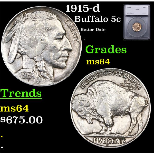 1915-d Buffalo Nickel 5c Graded ms64 BY SEGS