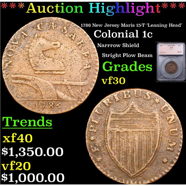 ***Auction Highlight*** 1786 New Jersey Colonial Cent Maris 15-T 'Leaning Head' 1c Graded vf30 BY SE