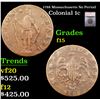 Image 1 : 1788 Massachusetts No Period Colonial Cent 1c Graded f15 BY SEGS