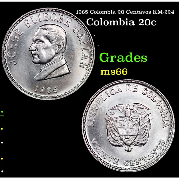 1965 Colombia 20 Centavos KM-224 Grades GEM+ Unc