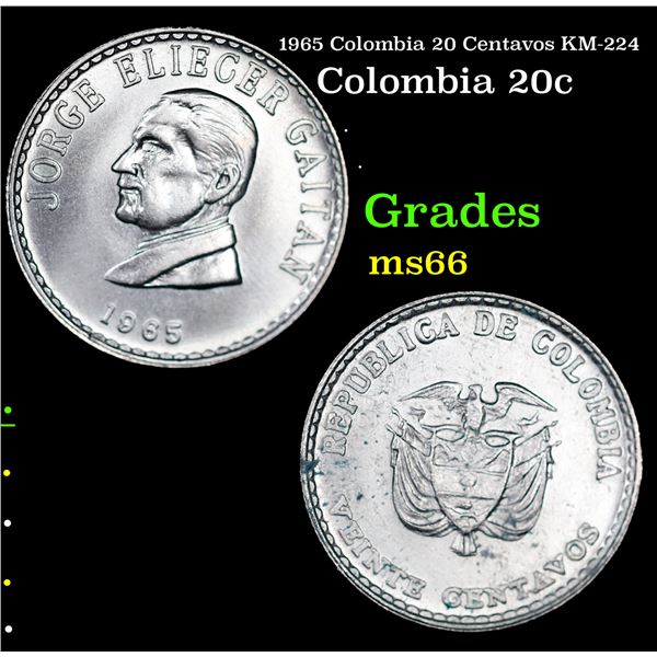 1965 Colombia 20 Centavos KM-224 Grades GEM+ Unc
