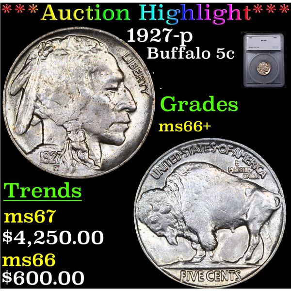 ***Auction Highlight*** 1927-p Buffalo Nickel 5c Graded ms66+ BY SEGS (fc)