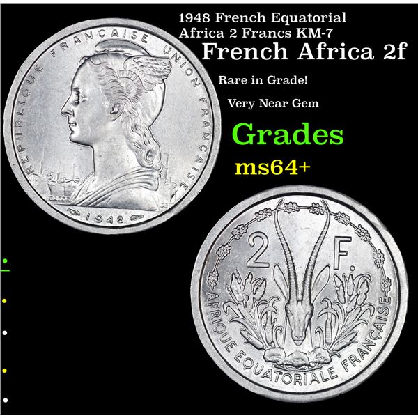 1948 French Equatorial Africa 2 Francs KM-7 Grades Choice+ Unc