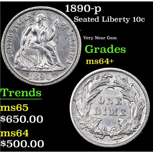 1890-p Seated Liberty Dime 10c Grades Choice+ Unc
