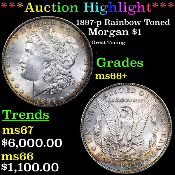 ***Auction Highlight*** 1897-p Morgan Dollar Rainbow Toned $1 Graded ms66+ By SEGS (fc)