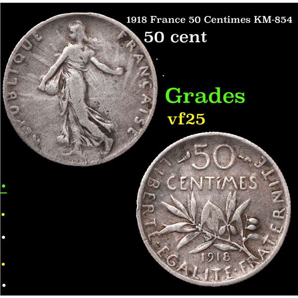 1918 France 50 Centimes KM-854 Grades vf+
